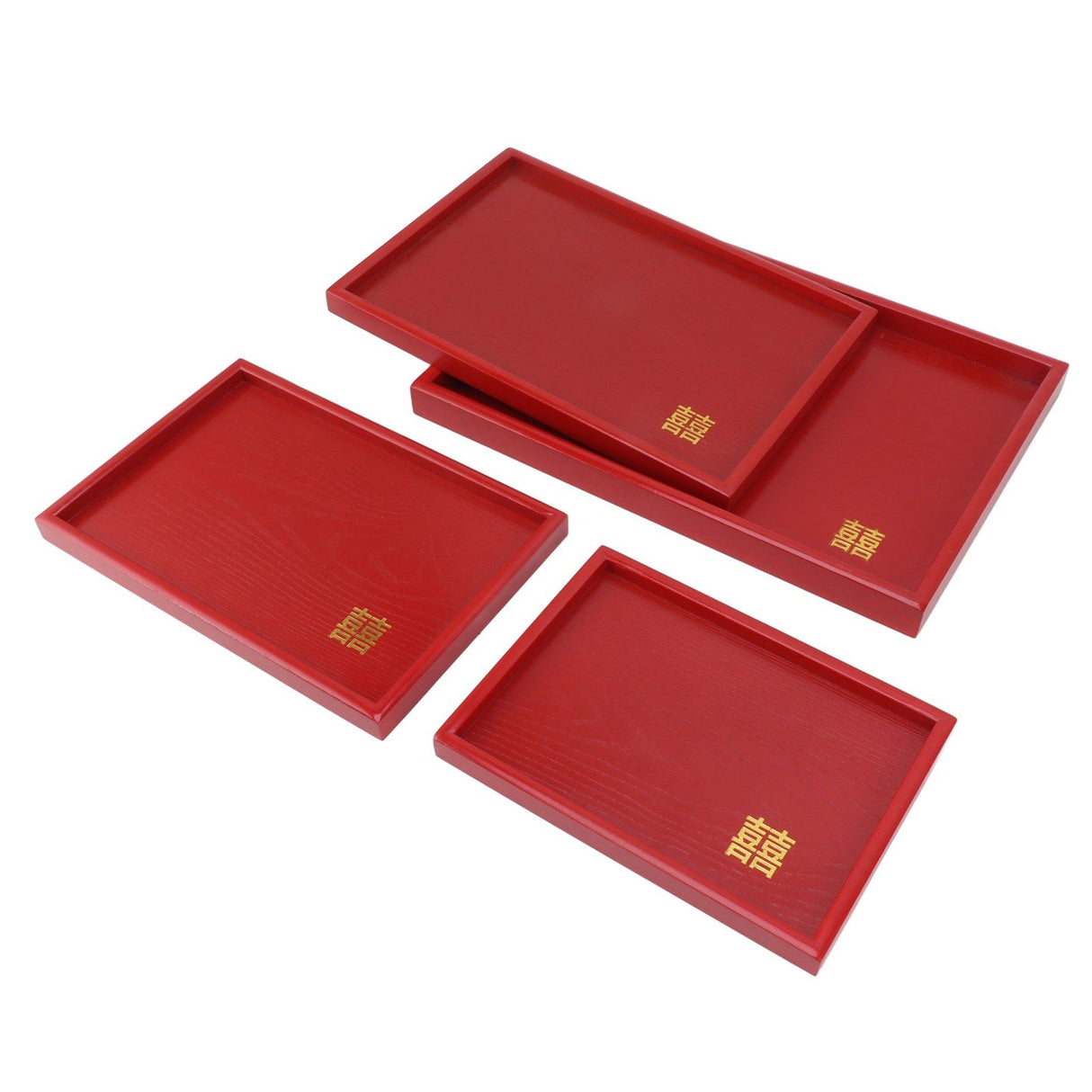 4Pcs Serving Tray Chinese Style Red Wedding Tea Coffee Snack Plate Wooden Fruit Candy Salver Square