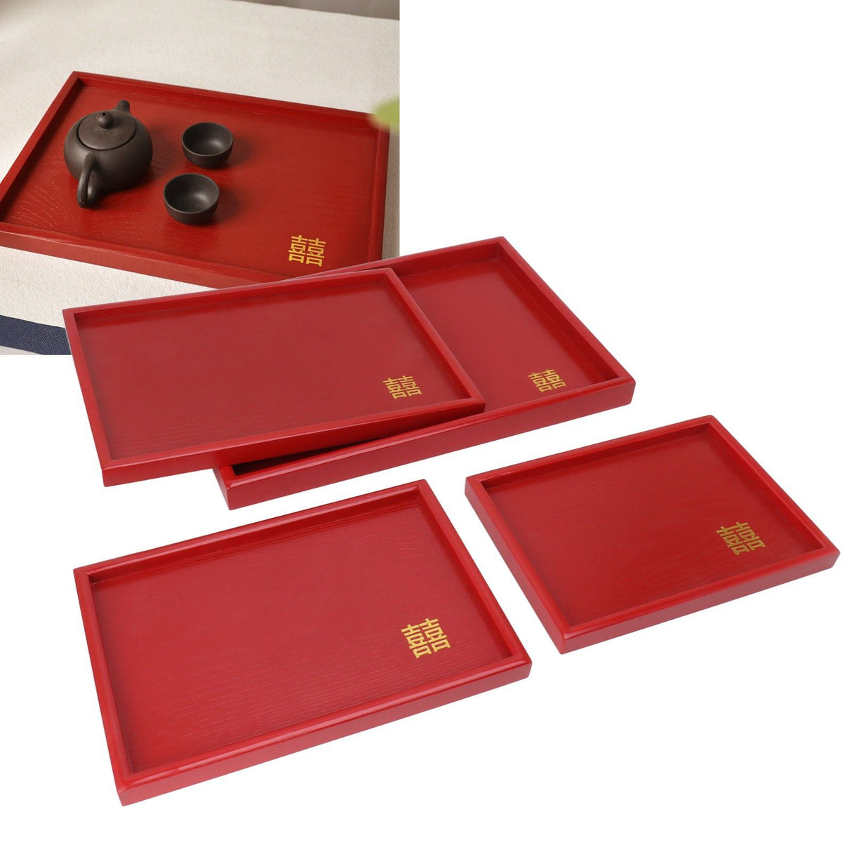 4Pcs Serving Tray Chinese Style Red Wedding Tea Coffee Snack Plate Wooden Fruit Candy Salver Square