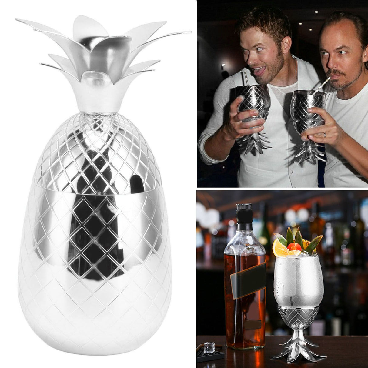 Cocktail Shaker Pineapple Shape Stainless Steel Polished Smooth Surface 500ml for Home Bar Silver