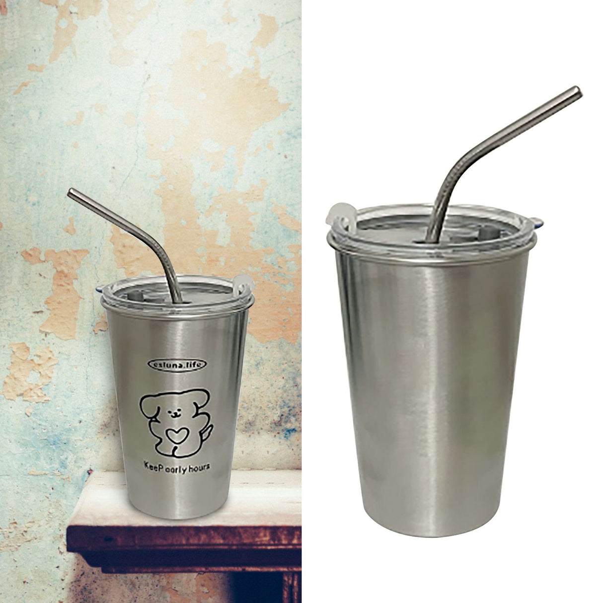 Stainless Steel Cold Tumbler 500ml with Metal Straws Lid Iced Coffee Travel Mug for Coffee Water Tea Loving Dog