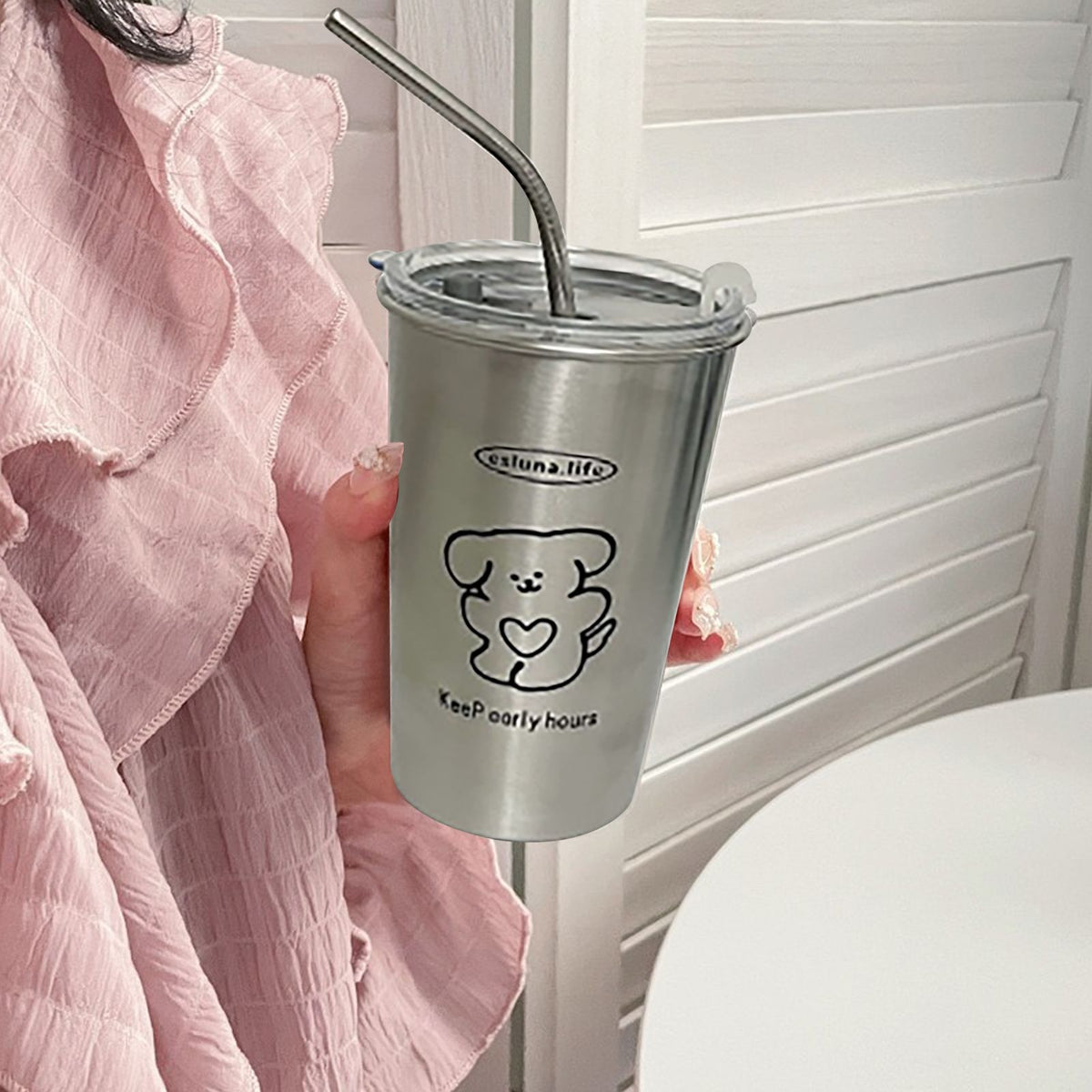 Stainless Steel Cold Tumbler 500ml with Metal Straws Lid Iced Coffee Travel Mug for Coffee Water Tea Loving Dog