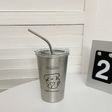 Stainless Steel Cold Tumbler 500ml with Metal Straws Lid Iced Coffee Travel Mug for Coffee Water Tea Loving Dog