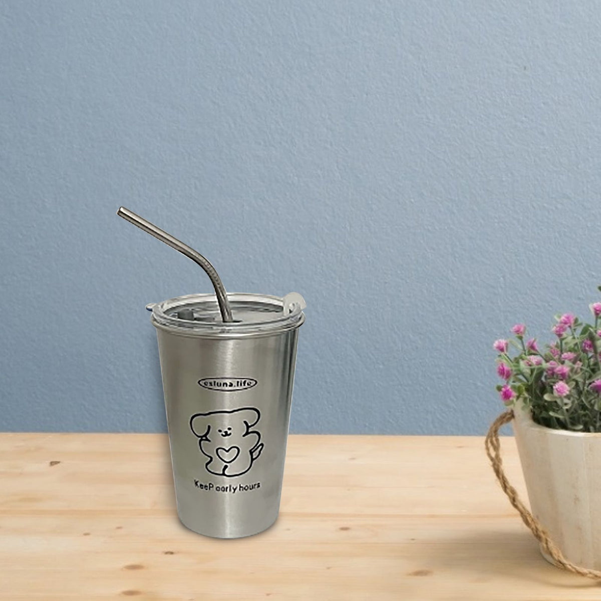 Stainless Steel Cold Tumbler 500ml with Metal Straws Lid Iced Coffee Travel Mug for Coffee Water Tea Loving Dog