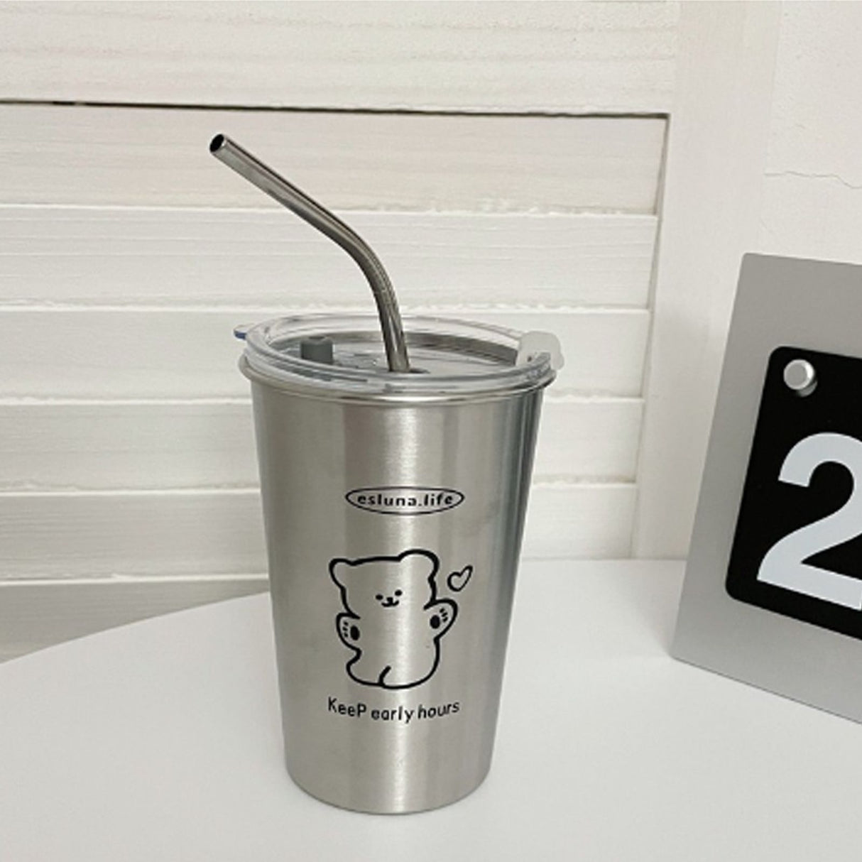Stainless Steel Cold Tumbler 500ml with Metal Straws Lid Iced Coffee Travel Mug for Coffee Water Tea Happy Bear