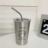 Stainless Steel Cold Tumbler 500ml with Metal Straws Lid Iced Coffee Travel Mug for Coffee Water Tea Happy Bear - Extra Image