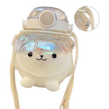 Large Water Bottle 1000ml Cartoon Bear Shape Portable Drinking Bottle with Straw Strap for Summer White