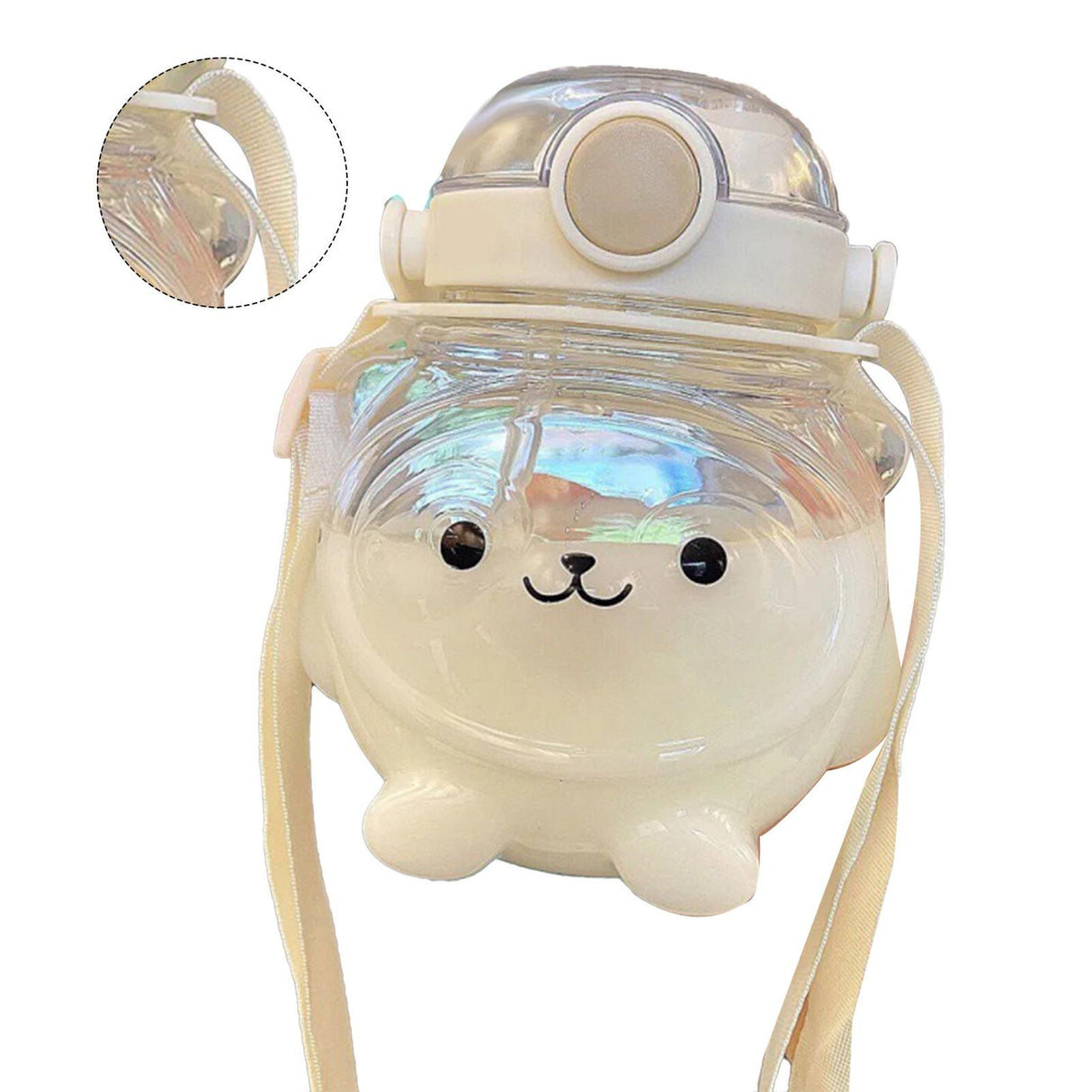 Large Water Bottle 1000ml Cartoon Bear Shape Portable Drinking Bottle with Straw Strap for Summer White