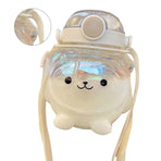 Large Water Bottle 1000ml Cartoon Bear Shape Portable Drinking Bottle with Straw Strap for Summer White