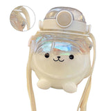 Large Water Bottle 1000ml Cartoon Bear Shape Portable Drinking Bottle with Straw Strap for Summer White - Side View
