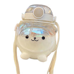 Large Water Bottle 1000ml Cartoon Bear Shape Portable Drinking Bottle with Straw Strap for Summer White