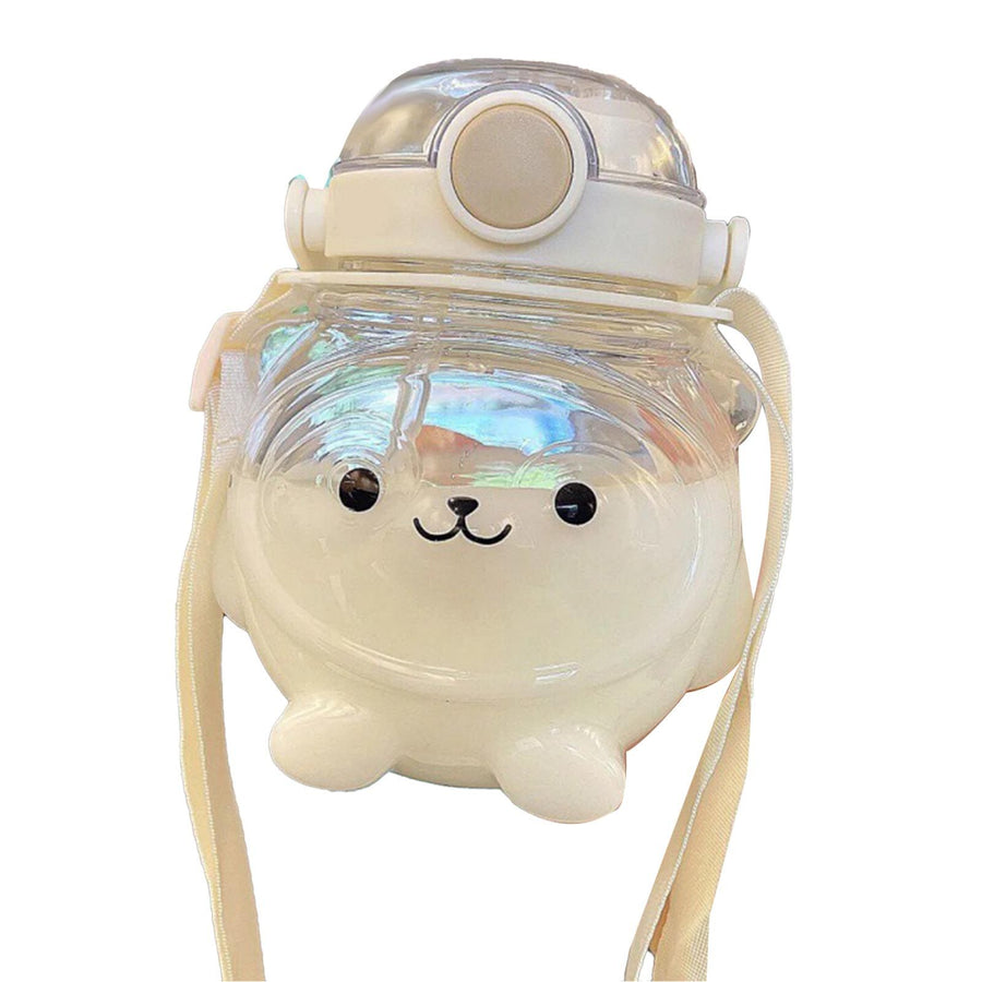 Large Water Bottle 1000ml Cartoon Bear Shape Portable Drinking Bottle with Straw Strap for Summer White