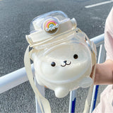Large Water Bottle 1000ml Cartoon Bear Shape Portable Drinking Bottle with Straw Strap for Summer White