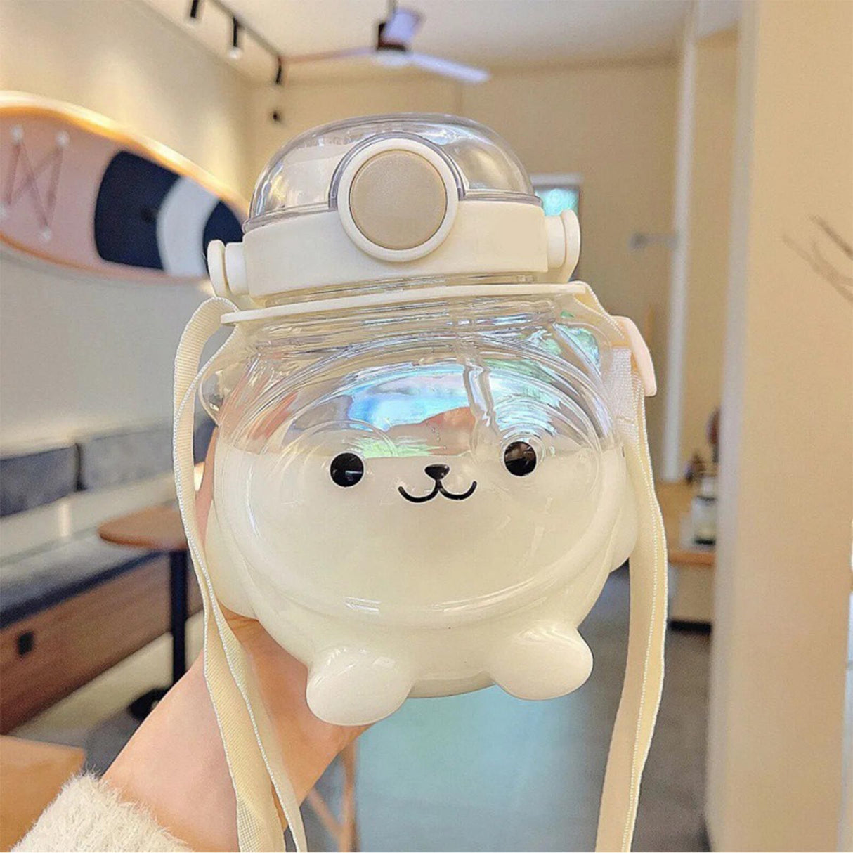 Large Water Bottle 1000ml Cartoon Bear Shape Portable Drinking Bottle with Straw Strap for Summer White