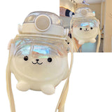 Large Water Bottle 1000ml Cartoon Bear Shape Portable Drinking Bottle with Straw Strap for Summer White