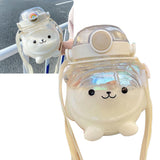 Large Water Bottle 1000ml Cartoon Bear Shape Portable Drinking Bottle with Straw Strap for Summer White