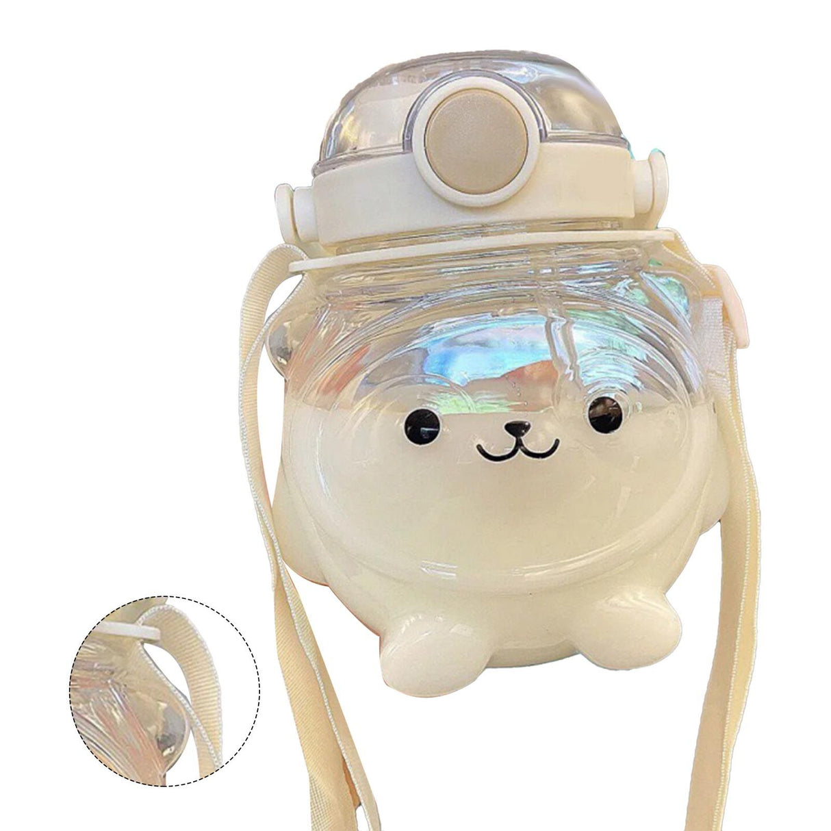Large Water Bottle 1000ml Cartoon Bear Shape Portable Drinking Bottle with Straw Strap for Summer White