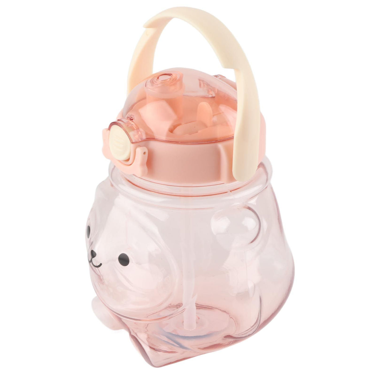 Large Water Bottle 1000ml Cartoon Bear Shape Portable Drinking Bottle with Straw Strap for Summer Pink