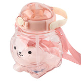 Large Water Bottle 1000ml Cartoon Bear Shape Portable Drinking Bottle with Straw Strap for Summer Pink