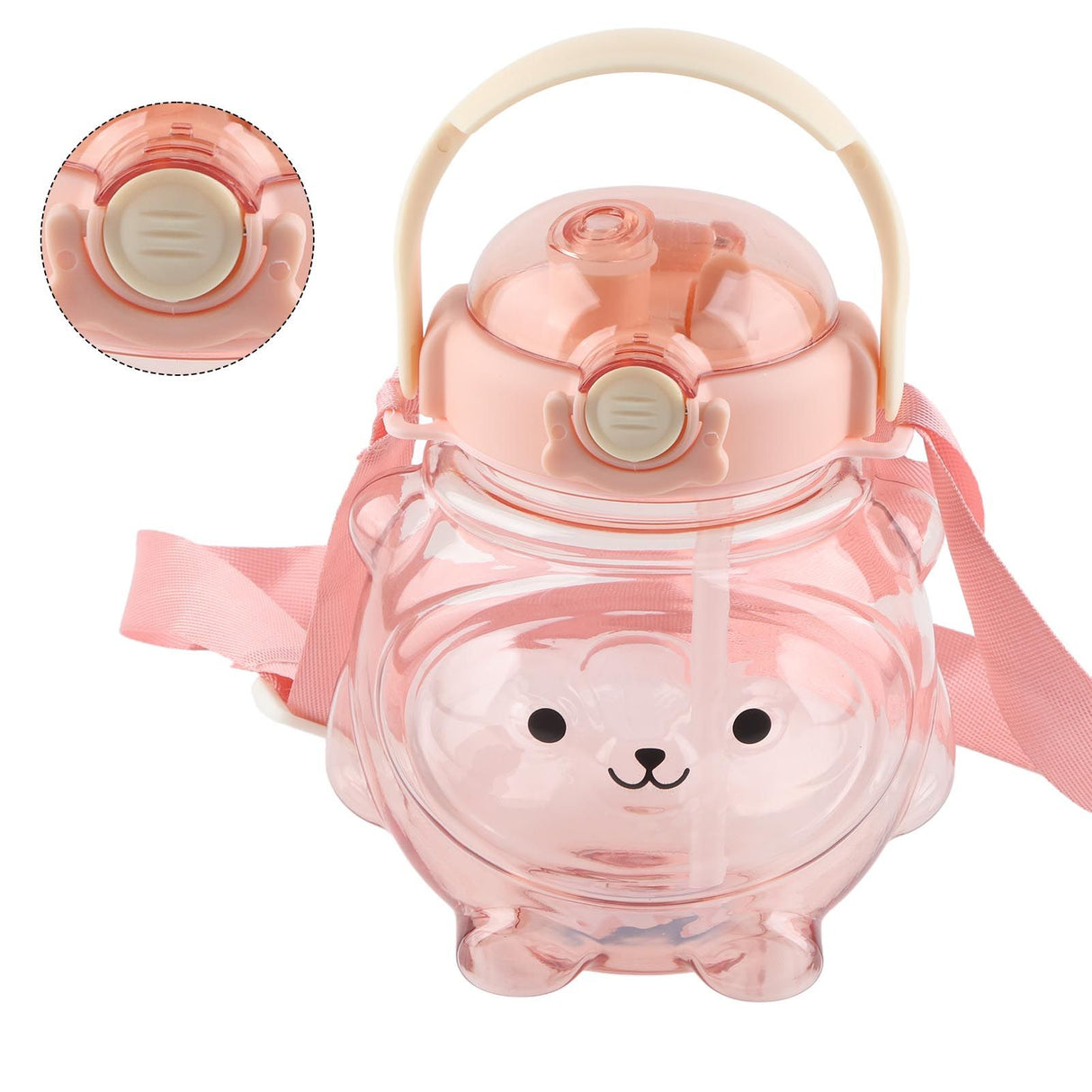 Large Water Bottle 1000ml Cartoon Bear Shape Portable Drinking Bottle with Straw Strap for Summer Pink