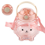 Large Water Bottle 1000ml Cartoon Bear Shape Portable Drinking Bottle with Straw Strap for Summer Pink