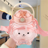 Large Water Bottle 1000ml Cartoon Bear Shape Portable Drinking Bottle with Straw Strap for Summer Pink - 45-Degree Angle