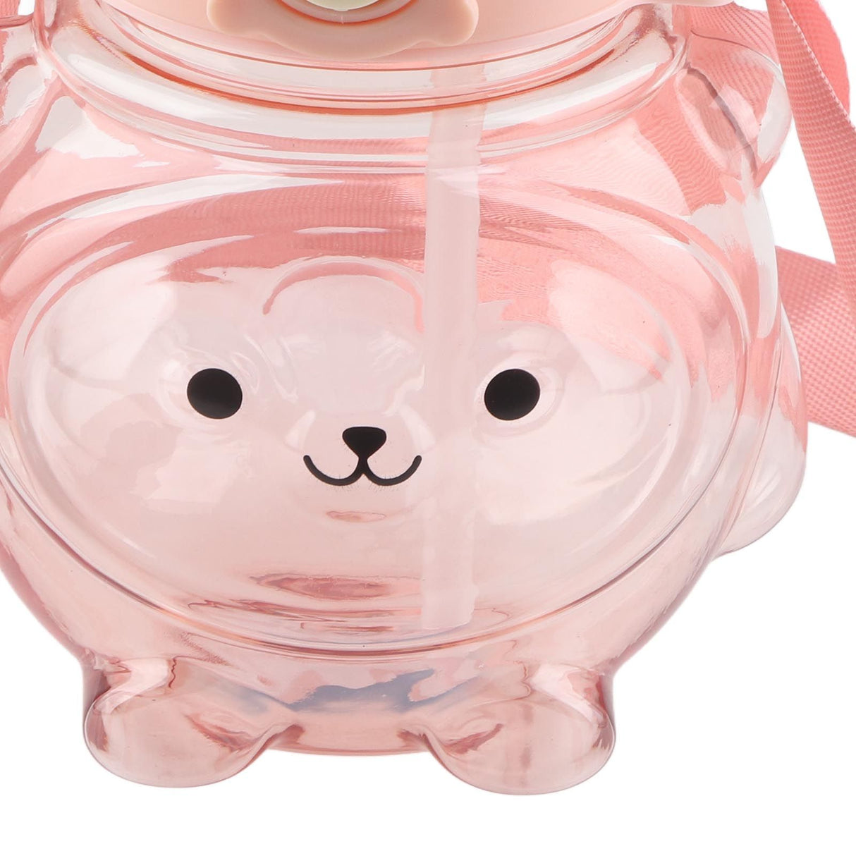 Large Water Bottle 1000ml Cartoon Bear Shape Portable Drinking Bottle with Straw Strap for Summer Pink