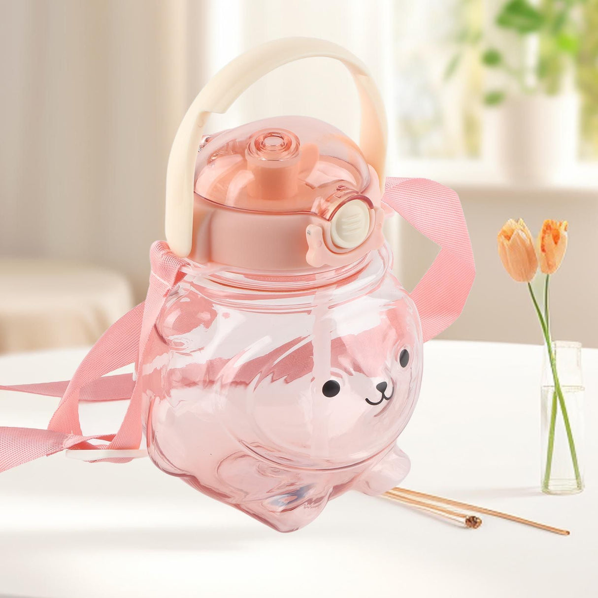 Large Water Bottle 1000ml Cartoon Bear Shape Portable Drinking Bottle with Straw Strap for Summer Pink