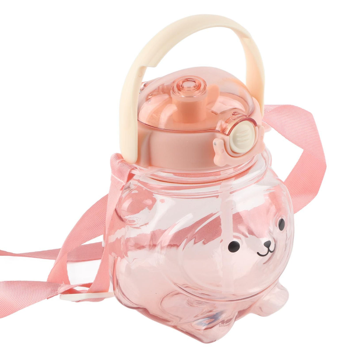 Large Water Bottle 1000ml Cartoon Bear Shape Portable Drinking Bottle with Straw Strap for Summer Pink