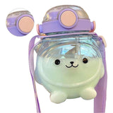 Large Water Bottle 1000ml Cartoon Bear Shape Portable Drinking Bottle with Straw Strap for Summer Purple