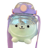 Large Water Bottle 1000ml Cartoon Bear Shape Portable Drinking Bottle with Straw Strap for Summer Purple