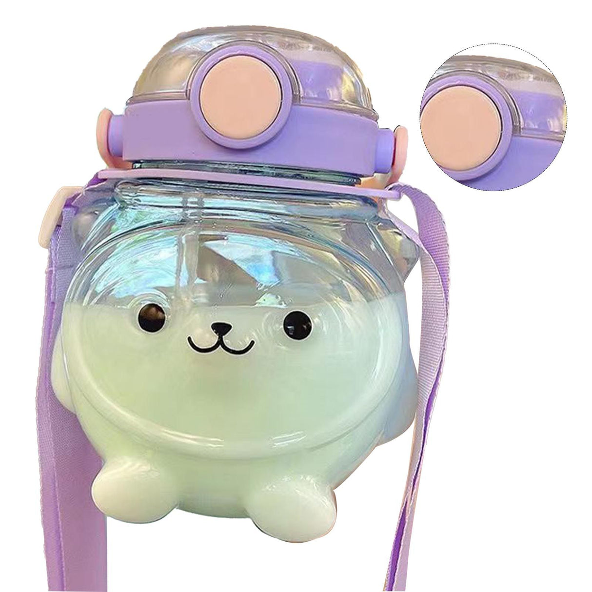 Large Water Bottle 1000ml Cartoon Bear Shape Portable Drinking Bottle with Straw Strap for Summer Purple