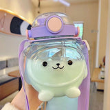 Large Water Bottle 1000ml Cartoon Bear Shape Portable Drinking Bottle with Straw Strap for Summer Purple