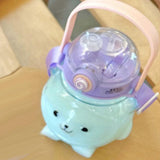 Large Water Bottle 1000ml Cartoon Bear Shape Portable Drinking Bottle with Straw Strap for Summer Purple