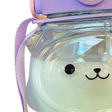 Large Water Bottle 1000ml Cartoon Bear Shape Portable Drinking Bottle with Straw Strap for Summer Purple