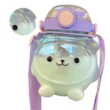 Large Water Bottle 1000ml Cartoon Bear Shape Portable Drinking Bottle with Straw Strap for Summer Purple