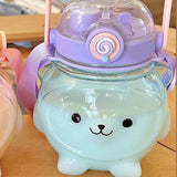 Large Water Bottle 1000ml Cartoon Bear Shape Portable Drinking Bottle with Straw Strap for Summer Purple