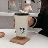Insulated Cup Vacuum with Lid Frosted Stainless Steel Small Accompanying Thermal for Coffee Water Cute Puppy Pattern 360ml - Close-Up Angle