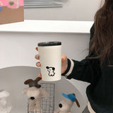 Insulated Cup Vacuum with Lid Frosted Stainless Steel Small Accompanying Thermal for Coffee Water Cute Puppy Pattern 360ml - Low Angle
