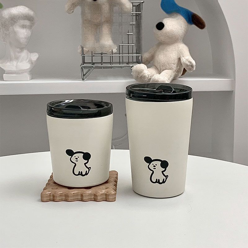 Insulated Cup Vacuum with Lid Frosted Stainless Steel Small Accompanying Thermal for Coffee Water Cute Puppy Pattern 360ml
