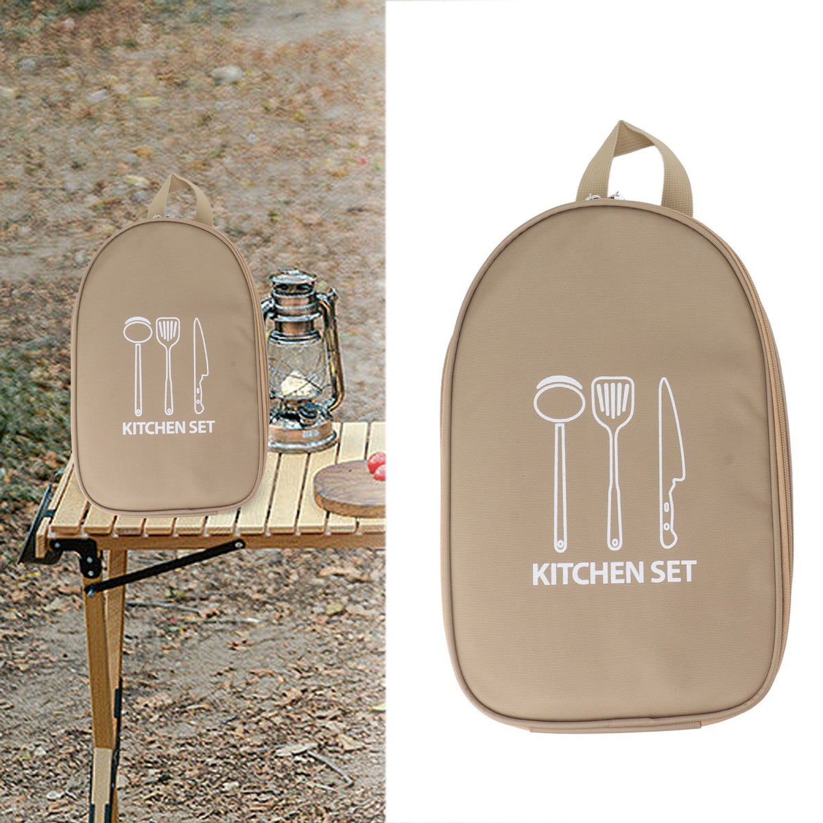 Camping Travel Cooking Utensils Bag Travel Cookware Pouch Bag with Handle for BBQ Camp Cookware Kitchen Kit Khaki