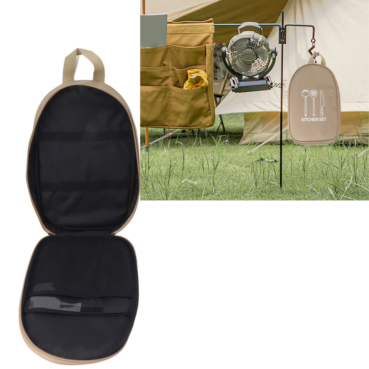Camping Travel Cooking Utensils Bag Travel Cookware Pouch Bag with Handle for BBQ Camp Cookware Kitchen Kit Khaki