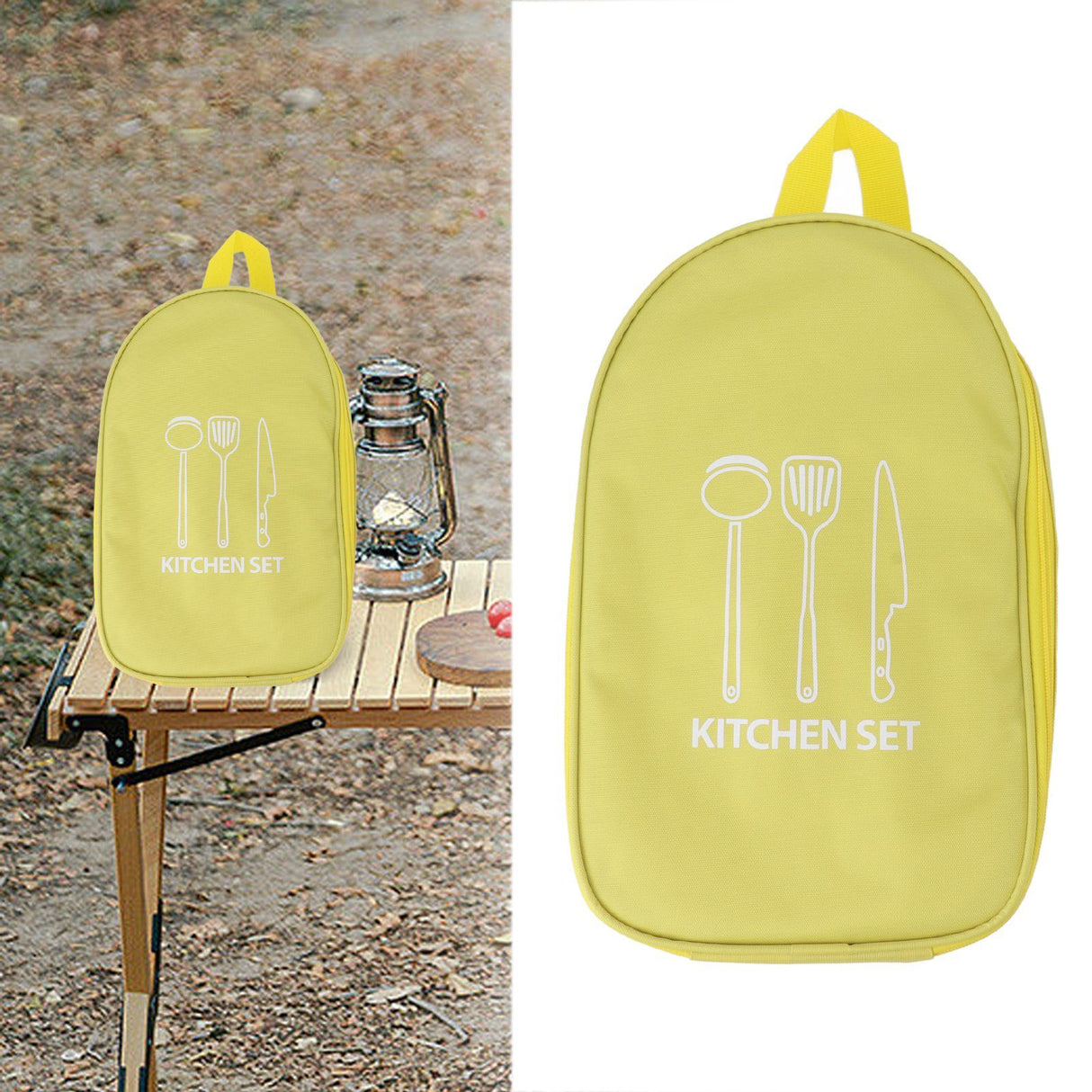 Camping Travel Cooking Utensils Bag Travel Cookware Pouch Bag with Handle for BBQ Camp Cookware Kitchen Kit Yellow