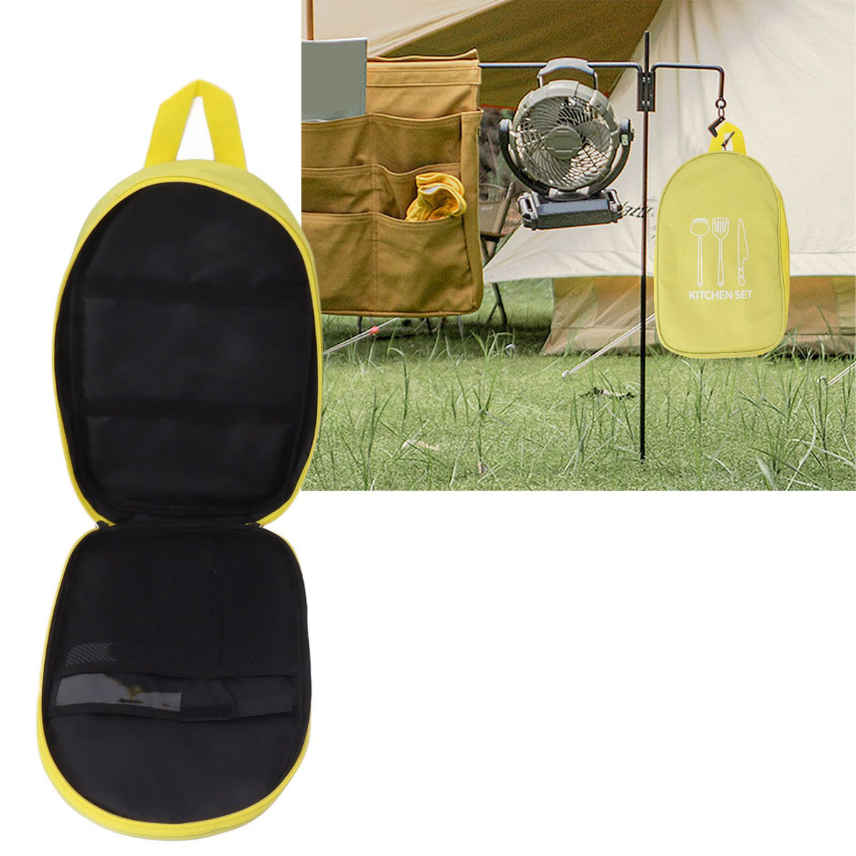 Camping Travel Cooking Utensils Bag Travel Cookware Pouch Bag with Handle for BBQ Camp Cookware Kitchen Kit Yellow