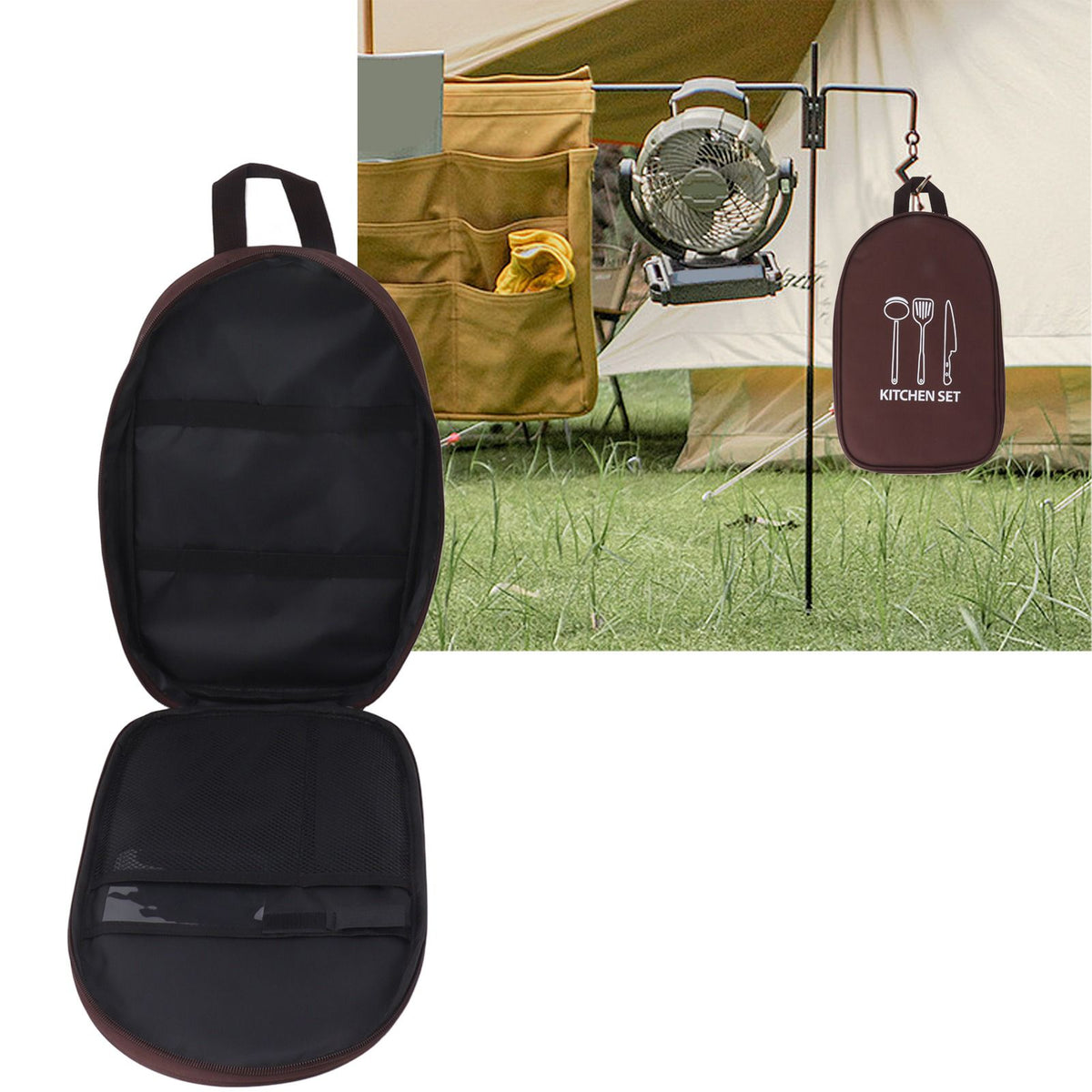 Camping Travel Cooking Utensils Bag Travel Cookware Pouch Bag with Handle for BBQ Camp Cookware Kitchen Kit Brown