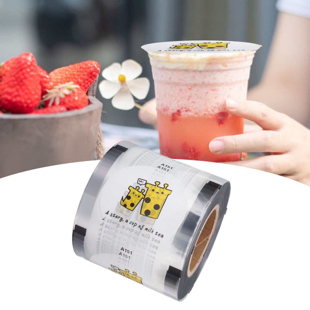 Cup Sealer Film 2000PCS Per Roll CPP Cute Giraffe Pattern Milk Tea Cup Sealing Film for Plastic and Paper Cup 90 to 95mm