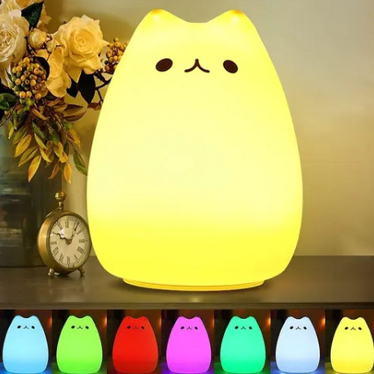 Cute Cat Night Light for Kids 7 Color LED Tap Nursery Night Light USB Rechargeable Bedside Night Lamp