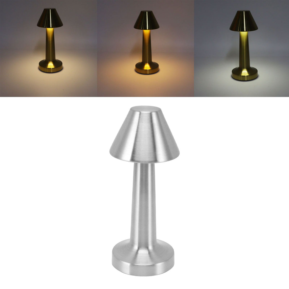 LED Table Lamp 3W 3 Colors Stepless Dimming USB Rechargeable Cordless LED Bedside Light Silver
