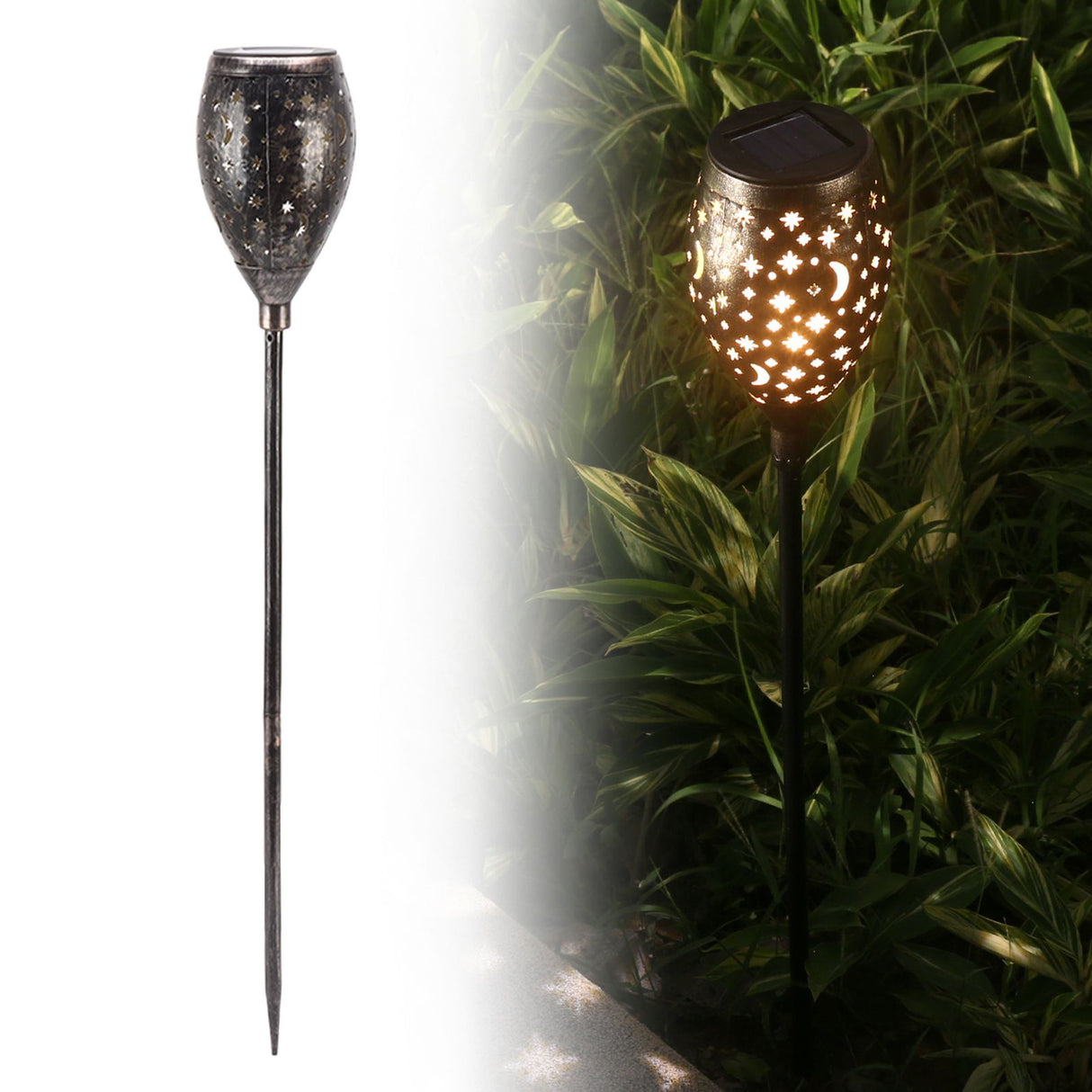 2PCS Solar Decorative Lantern 5730LED Pathway Light IP44 Waterproof Ground Insert Lamp with Moon Star Hollow Pattern for Walkway Backyard Landscape