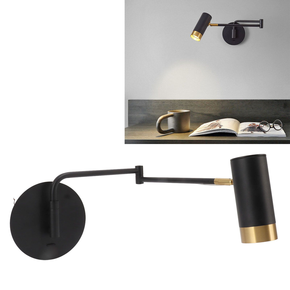 Swing Arm Wall Lamp Wall Mounted Bedside Lamps with Adjustable Swing Arms for Bedroom Living Room Reading Black