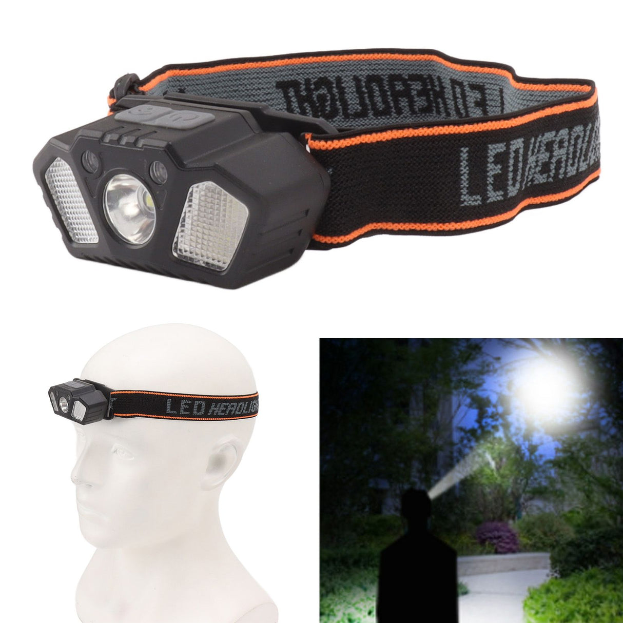 LED Headlamp White and Red Light High Bright Motion Sensing USB Rechargeable Headlamp Flashlight